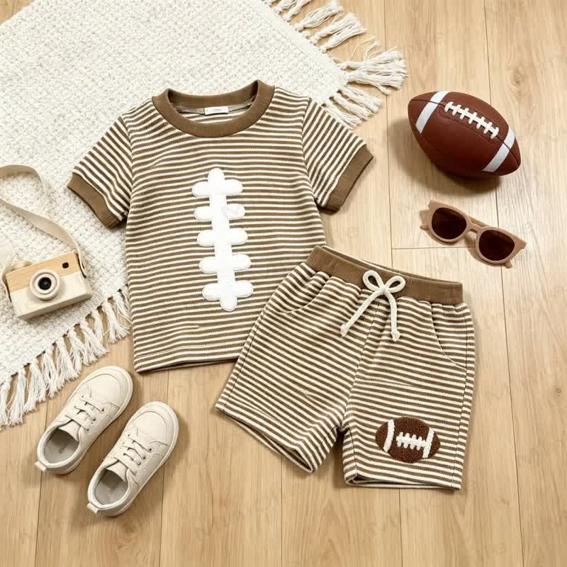 幼児男の子用ラグビーストライプTシャツ＆ショーツ2点セット - 茶色 - 4～5歳 - image 1