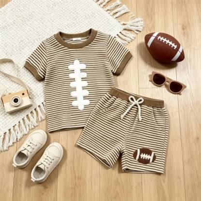 幼児男の子用ラグビーストライプTシャツ＆ショーツ2点セット - 茶色 - 4～5歳 - image 1