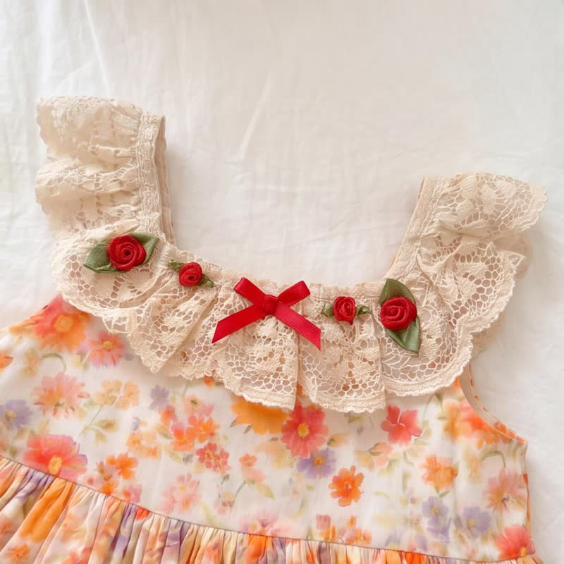 幼児用女の子向けオレンジのヴィンテージ風花柄レーストリムDress - image 3