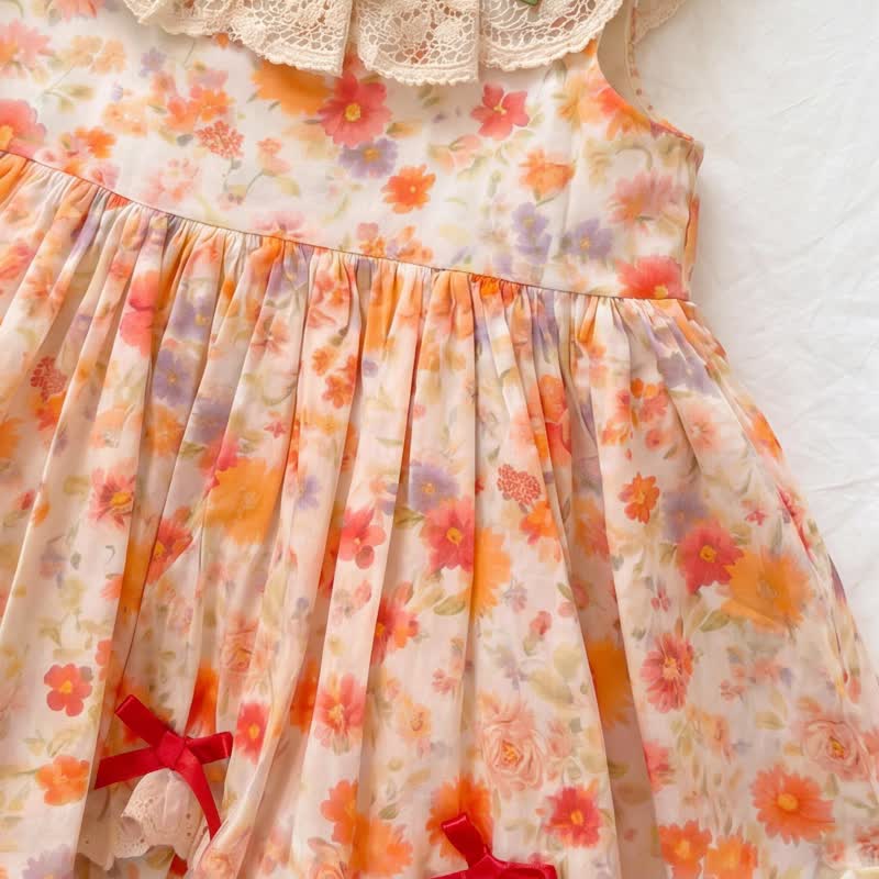 幼児用女の子向けオレンジのヴィンテージ風花柄レーストリムDress - image 4