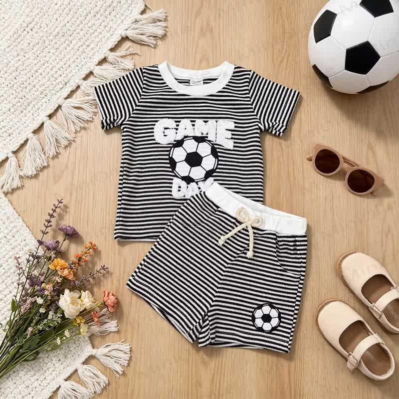 幼児男の子用ストライプ柄サッカーTシャツ＆ショーツ2点セット - 黒 - 4～5歳 - image 2