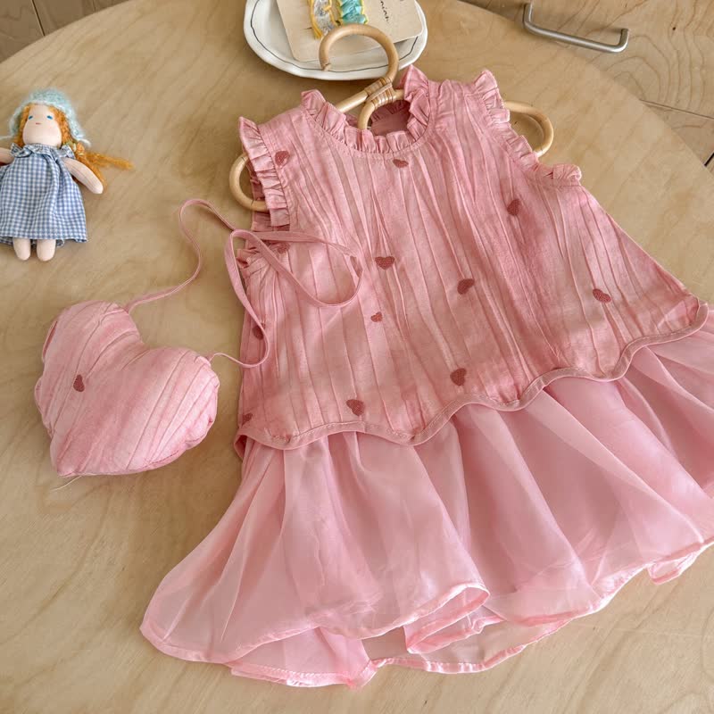 幼児用女の子向けピンクハートフリルノースリーブDress（バッグ付き） - image 2