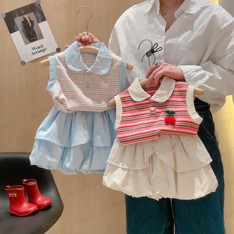 幼児用女の子ストライプ柄ノースリーブポロスカートセット - image 1
