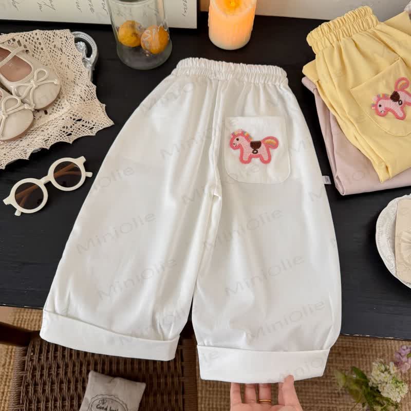 幼児用女の子向け馬の刺繍入りポケット付きラウンジパンツ - 白 - 10-11歳 - image 2