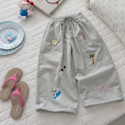 幼児用ビーチテーマの刺繍入りチェック柄パンツ - 緑 - 6～7歳 - image 3