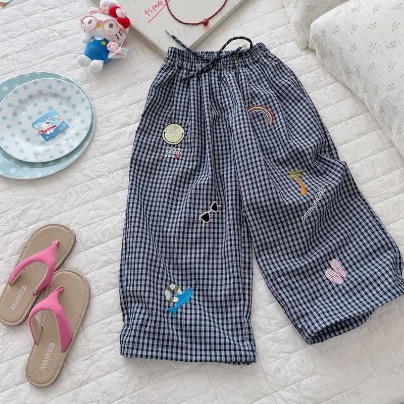 幼児用ビーチテーマの刺繍入りチェック柄パンツ - 海軍 - 6～7歳 - image 4