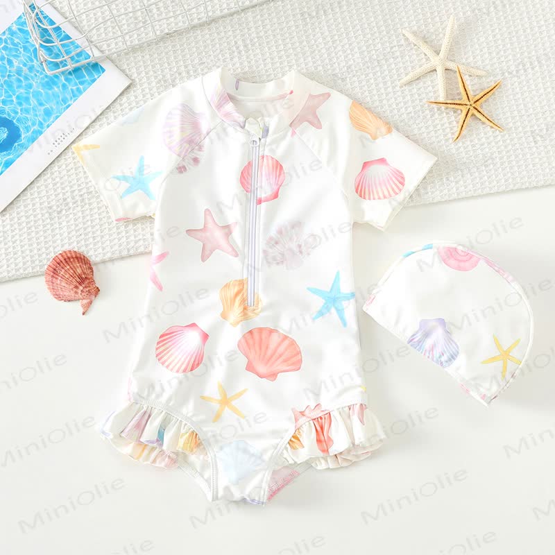 幼児用女の子向けフリル付きラッシュガードワンピース水着（スイムキャップ付き） - 白いヒトデ - 8-9T - image 2