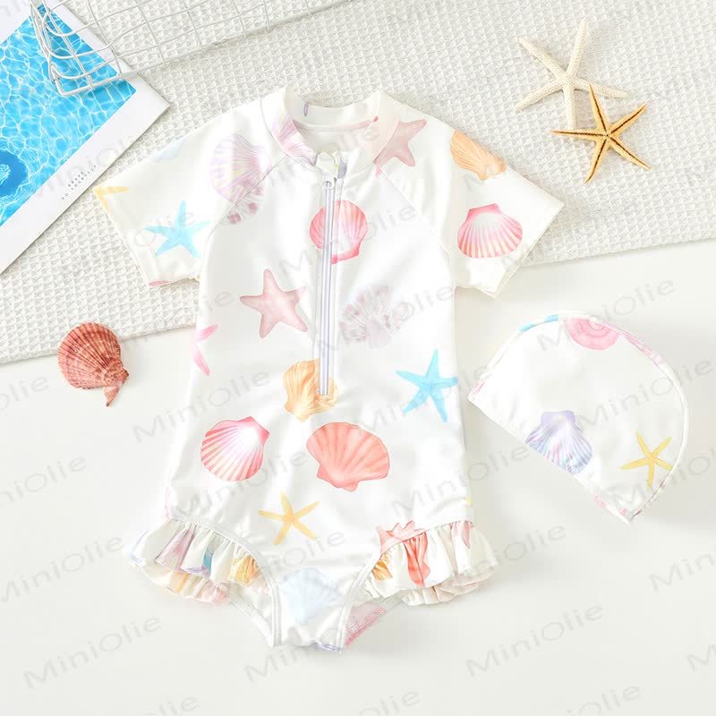 幼児用女の子向けフリル付きラッシュガードワンピース水着（スイムキャップ付き） - 白いヒトデ - 8-9T - image 2