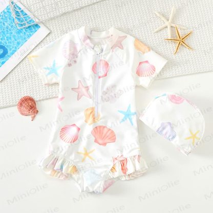 幼児用女の子向けフリル付きラッシュガードワンピース水着（スイムキャップ付き） - 白いヒトデ - 8-9T - image 2