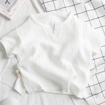 幼児用無地クリンクル加工ノッチネックTシャツ - 白 - 8-9T - image 3