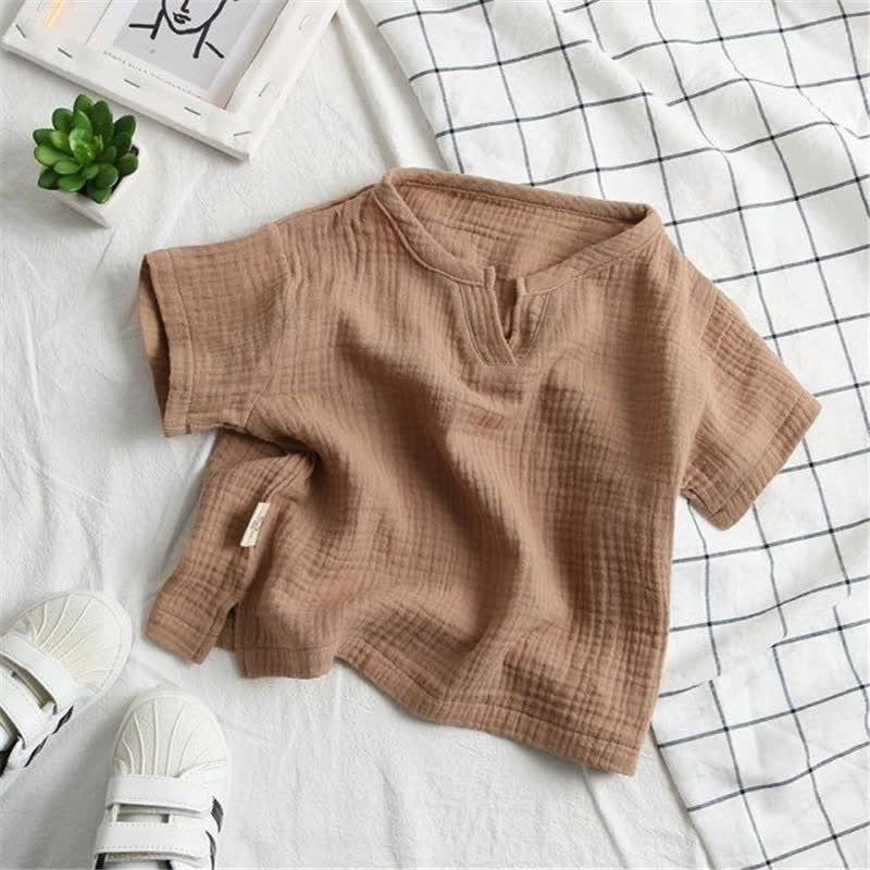 幼児用無地クリンクル加工ノッチネックTシャツ - 茶色 - 8-9T - image 6
