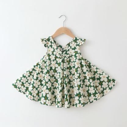 ベビー幼児用 花柄/フルーツ柄 ノースリーブDress - 緑の桃の花 - 2～3歳 - image 3