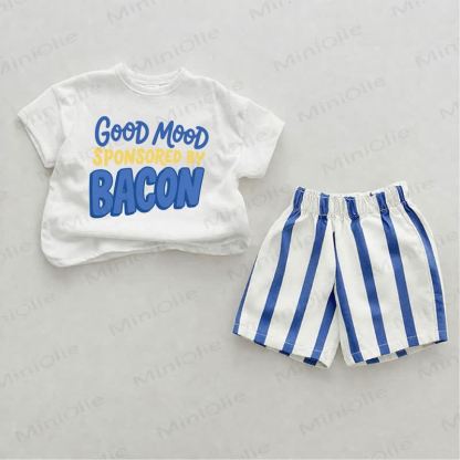 GOOD MOOD SPONSORED BY BACON　ベビーブルー縦ストライプ柄ツーピースショーツセット - ホワイト＆ブルー - 2～3歳 - image 1