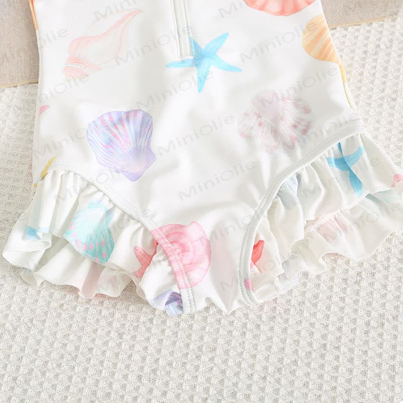 幼児用女の子向けフリル付きラッシュガードワンピース水着（スイムキャップ付き） - image 7