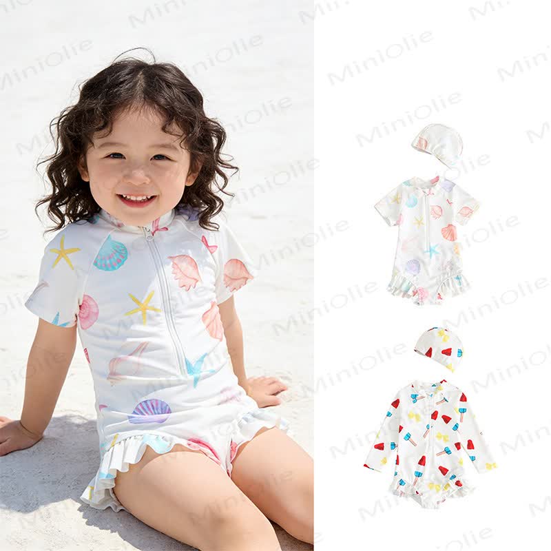 幼児用女の子向けフリル付きラッシュガードワンピース水着（スイムキャップ付き） - image 1