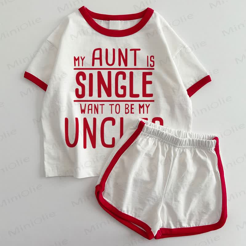 MY AUNT IS SINGLE WANT TO BE MY UNCLE?ベビー用スローガン入り白赤Tシャツ＆ショートパンツ2点セット - 白と赤 - 3～5歳 - image 1