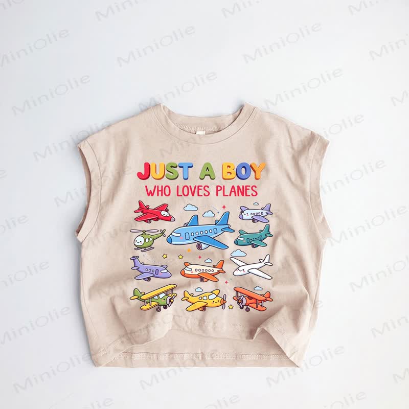 JUST A BOY WHO LOVES PLANESベビー幼児男の子用飛行機柄カーキタンクトップ - カーキ - 3～5歳 - image 1