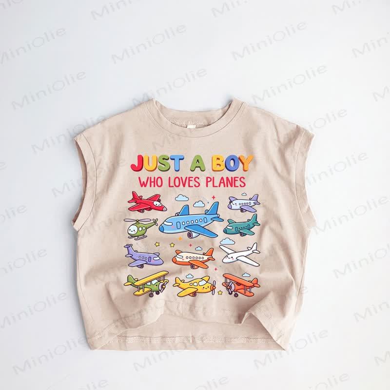 JUST A BOY WHO LOVES PLANESベビー幼児男の子用飛行機柄カーキタンクトップ - カーキ - 3～5歳 - image 1