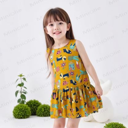 幼児用女の子向け全面プリントノースリーブフリルDress - image 5
