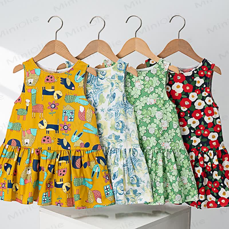 幼児用女の子向け全面プリントノースリーブフリルDress - image 1