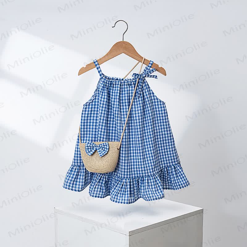幼児用女の子ギンガムチェックフリルDress（バッグ付き） - 青 - 4～5歳 - image 2