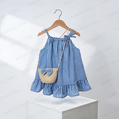 幼児用女の子ギンガムチェックフリルDress（バッグ付き） - 青 - 4～5歳 - image 2