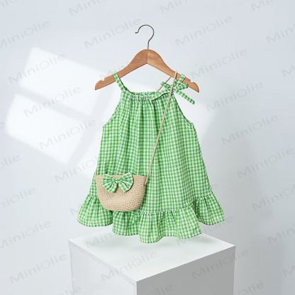 幼児用女の子ギンガムチェックフリルDress（バッグ付き） - 緑 - 4～5歳 - image 5