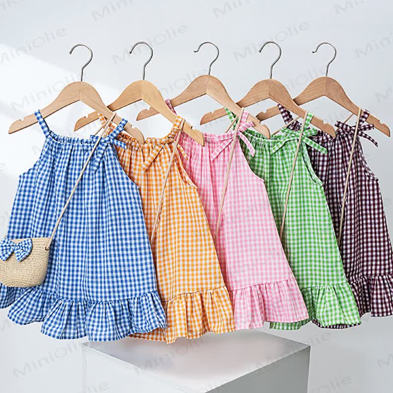 幼児用女の子ギンガムチェックフリルDress（バッグ付き） - image 1