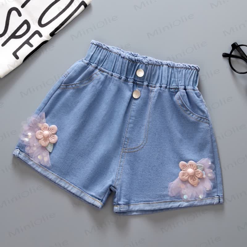 幼児用女の子デニムリボン付きショートパンツ - ピンクの花 - 8-9T - image 4