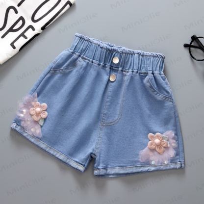 幼児用女の子デニムリボン付きショートパンツ - ピンクの花 - 8-9T - image 4