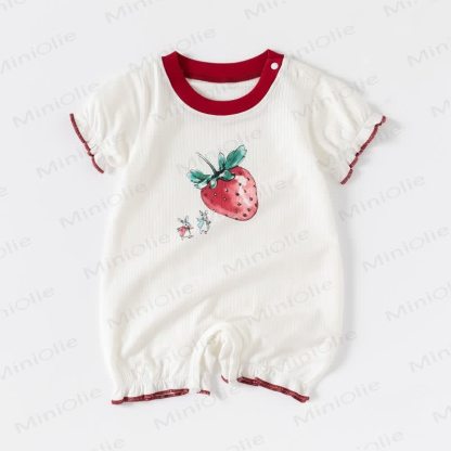ベビー用イチゴうさぎ柄リブ編みロンパース - 白 - 2～3歳 - image 1