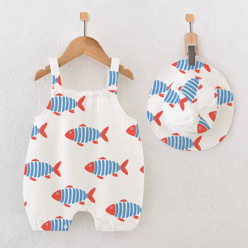 女の子用白魚柄ロンパース（帽子付き） - 白 - 12～18ヶ月 - image 1