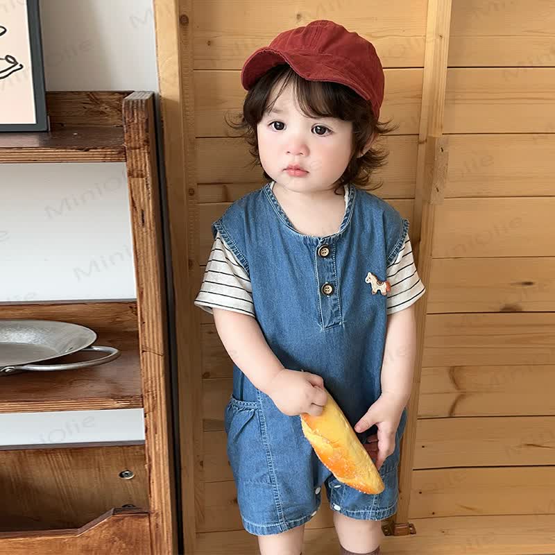 ベビーボーイズ用ブルー半袖デニムロンパースとストライプTシャツの2点セット - 青 - 2～3歳 - image 2