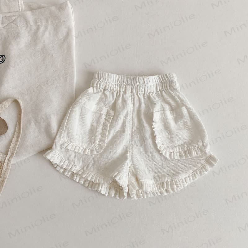 幼児用女の子向けコットンチェック柄フリル付きポケットショートパンツ - 白 - 6～7歳 - image 4
