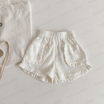 幼児用女の子向けコットンチェック柄フリル付きポケットショートパンツ - 白 - 6～7歳 - image 4