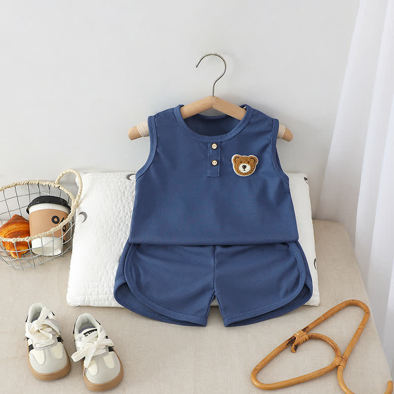 幼児用無地クマ柄パッチ付きノースリーブトップス＆ショートパンツ2点セット - 海軍 - 6～7歳 - image 2