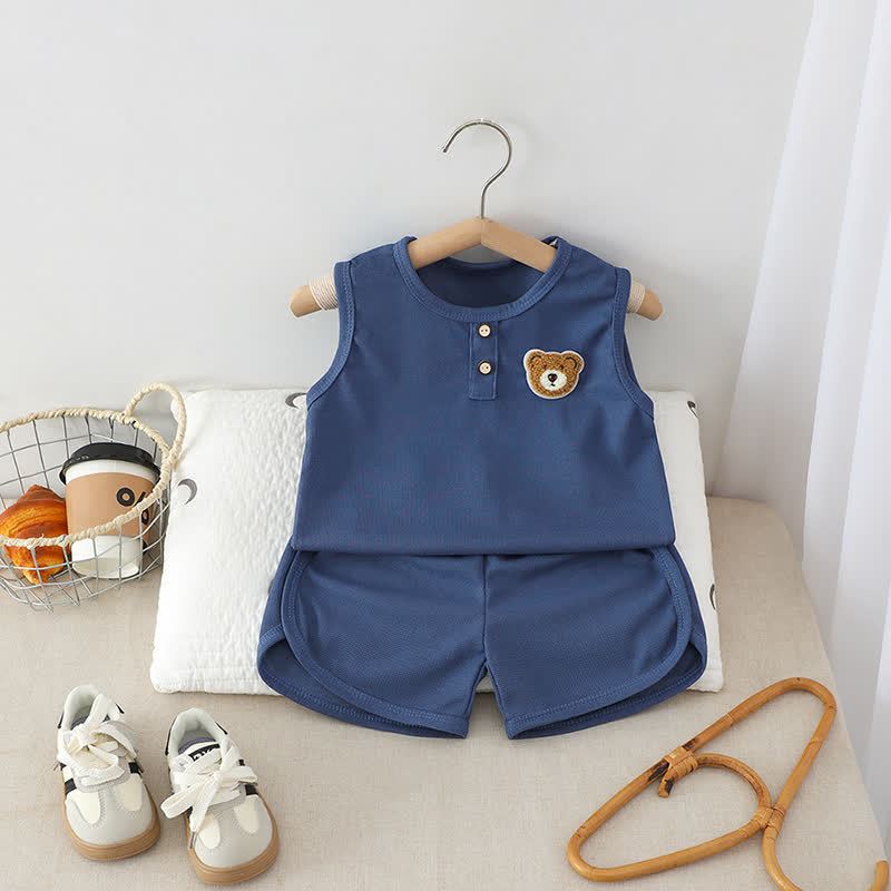 幼児用無地クマ柄パッチ付きノースリーブトップス＆ショートパンツ2点セット - 海軍 - 6～7歳 - image 2
