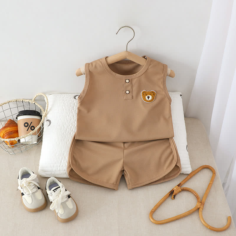 幼児用無地クマ柄パッチ付きノースリーブトップス＆ショートパンツ2点セット - 茶色 - 6～7歳 - image 3