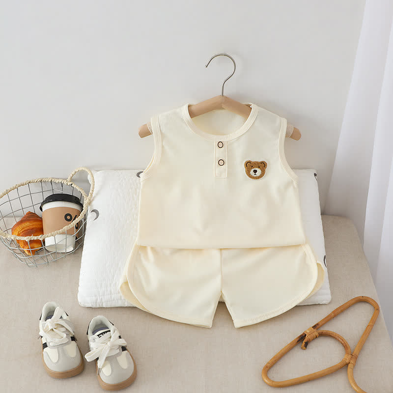 幼児用無地クマ柄パッチ付きノースリーブトップス＆ショートパンツ2点セット - ベージュ - 6～7歳 - image 4