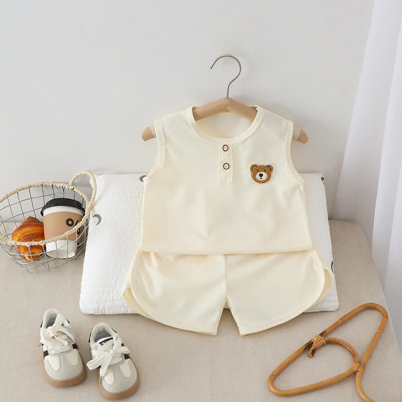 幼児用無地クマ柄パッチ付きノースリーブトップス＆ショートパンツ2点セット - ベージュ - 6～7歳 - image 4