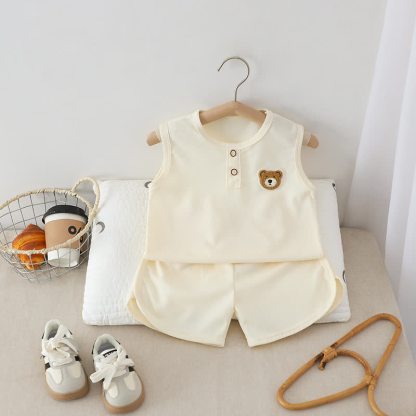 幼児用無地クマ柄パッチ付きノースリーブトップス＆ショートパンツ2点セット - ベージュ - 6～7歳 - image 4