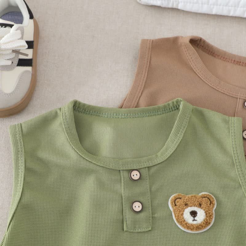 幼児用無地クマ柄パッチ付きノースリーブトップス＆ショートパンツ2点セット - image 5
