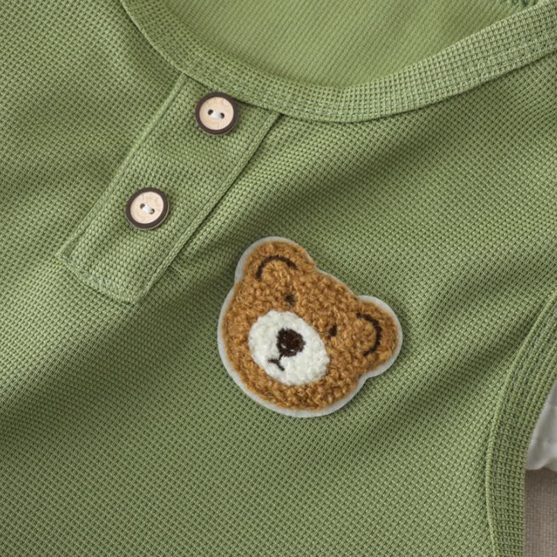 幼児用無地クマ柄パッチ付きノースリーブトップス＆ショートパンツ2点セット - image 6