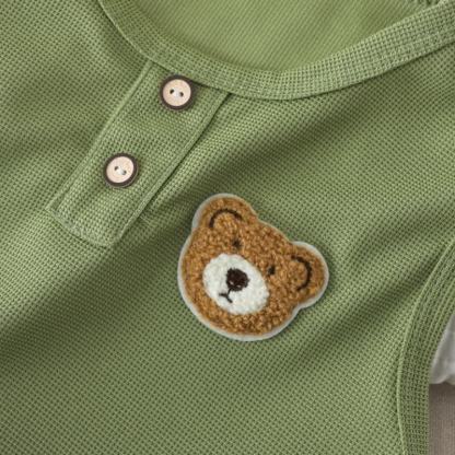 幼児用無地クマ柄パッチ付きノースリーブトップス＆ショートパンツ2点セット - image 6
