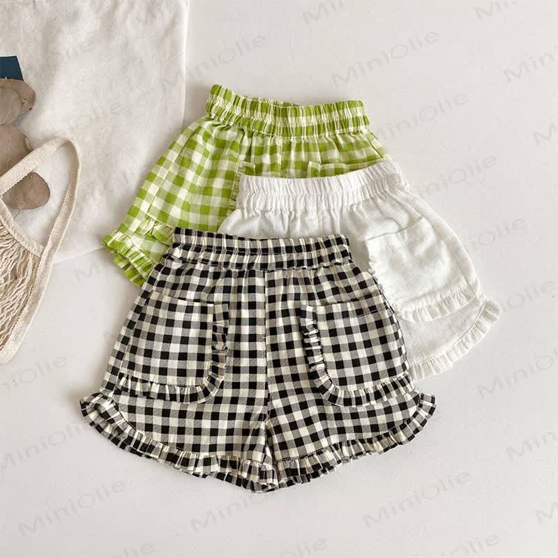 幼児用女の子向けコットンチェック柄フリル付きポケットショートパンツ - image 1