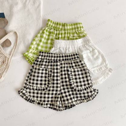 幼児用女の子向けコットンチェック柄フリル付きポケットショートパンツ - image 1