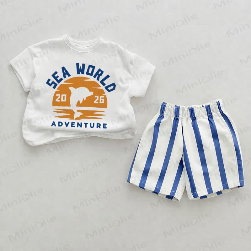 SEA WORLD 2026 ADVENTUREベビーブルー縦ストライプ ツーピースショーツセット - ホワイト＆ブルー - 2～3歳 - image 1