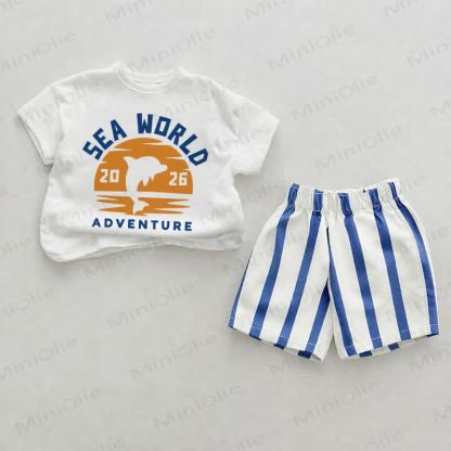 SEA WORLD 2026 ADVENTUREベビーブルー縦ストライプ ツーピースショーツセット - ホワイト＆ブルー - 2～3歳 - image 1