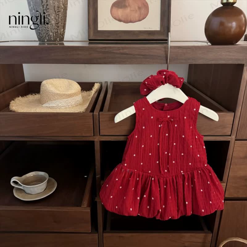 幼児用女の子向け赤い水玉模様のノースリーブDress（シュシュ付き） - 赤 - 6～7歳 - image 1