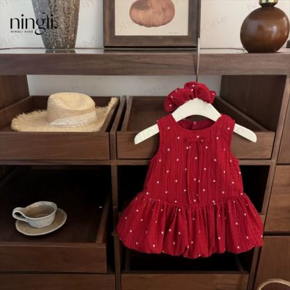 幼児用女の子向け赤い水玉模様のノースリーブDress（シュシュ付き） - 赤 - 6～7歳 - image 1
